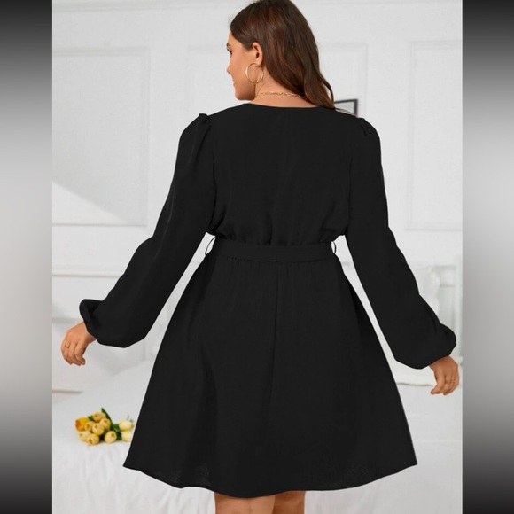 Plus size burgundy surplice neck lantern sleeve belted dress - Picture 8 of 15